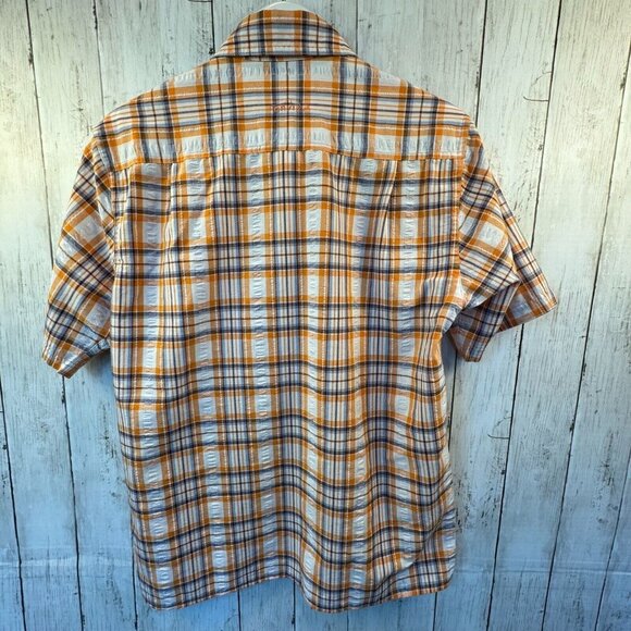 ORVIS Short Sleeve Button Down Shirt Mens Size M Orange White Linen Blend Plaid - Picture 6 of 9